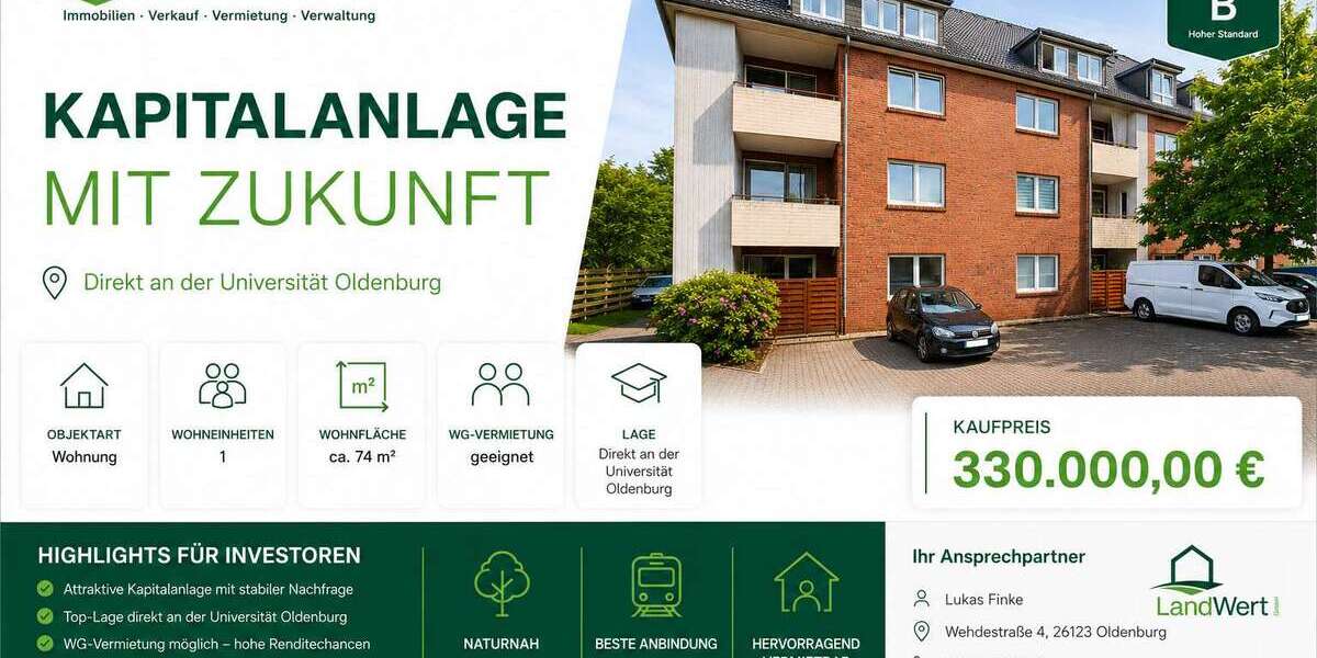 Etagenwohnung Oldenburg Bloherfelde - 3 Zimmer, 74 m&sup2;, 330.000&euro; | Angebot:26999705