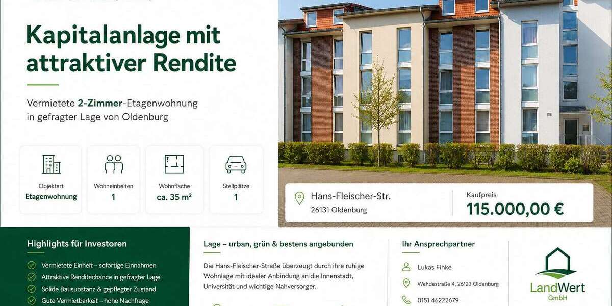 Etagenwohnung Oldenburg Kreyenbrück - 2 Zimmer, 35 m&sup2;, 115.000&euro; | Angebot:26341537