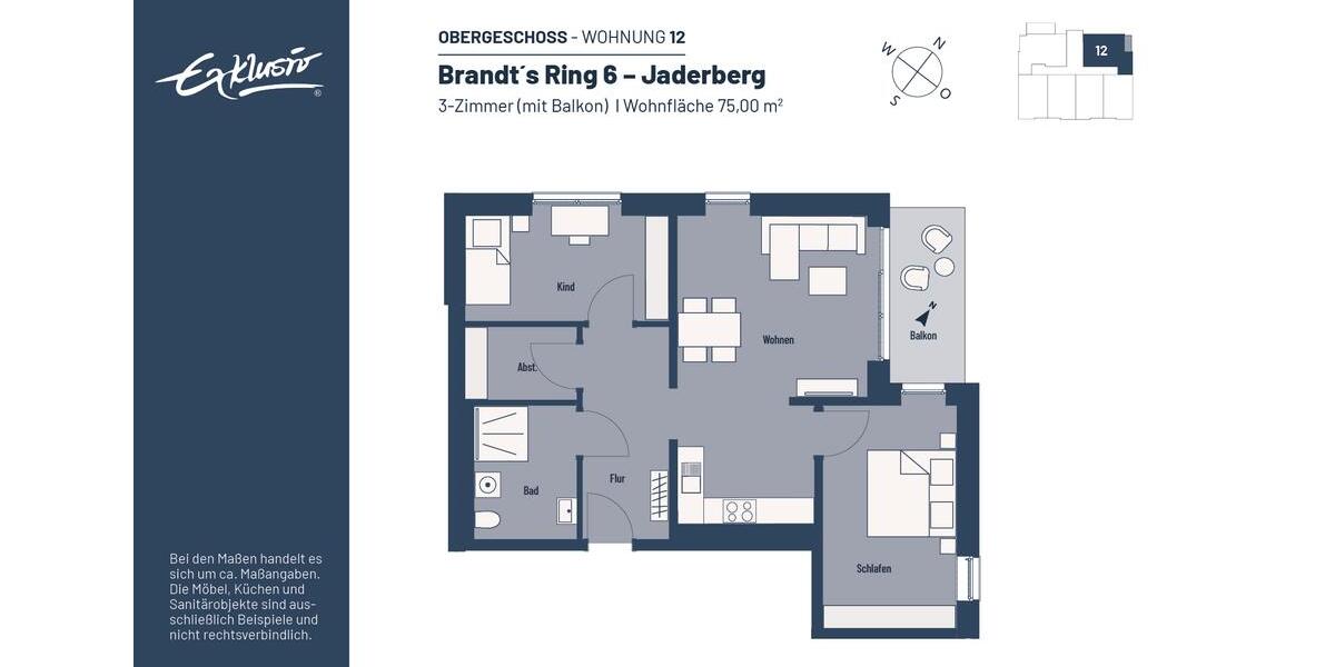 Etagenwohnung Jade - 3 Zimmer, 75 m&sup2;, 548&euro; | Angebot:25479565