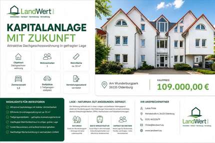 Wohnung Oldenburg Drielaker-Moor - 1 Zimmer, 33 m&sup2;, 109.000&euro; | Angebot:26341539