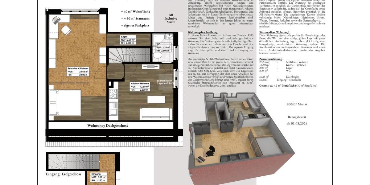 Dachgeschoßwohnung Oldenburg Alexandersfeld - 1 Zimmer, 40 m&sup2;, 800&euro; | Angebot:24895805