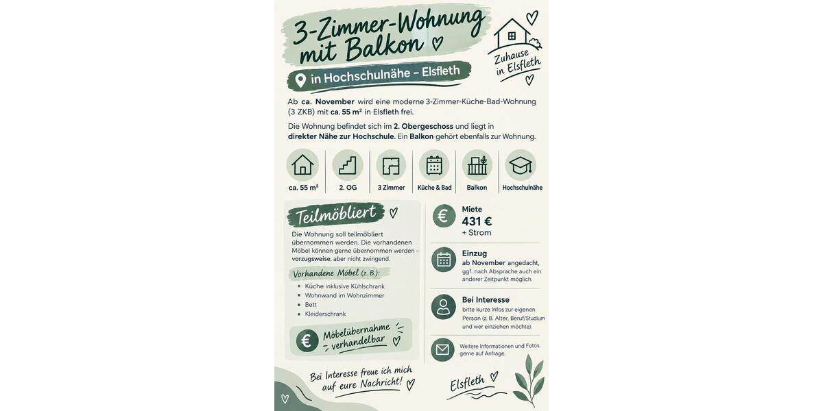 Dachgeschoßwohnung Elsfleth - 3 Zimmer, 55 m&sup2;, 431&euro; | Angebot:27554453
